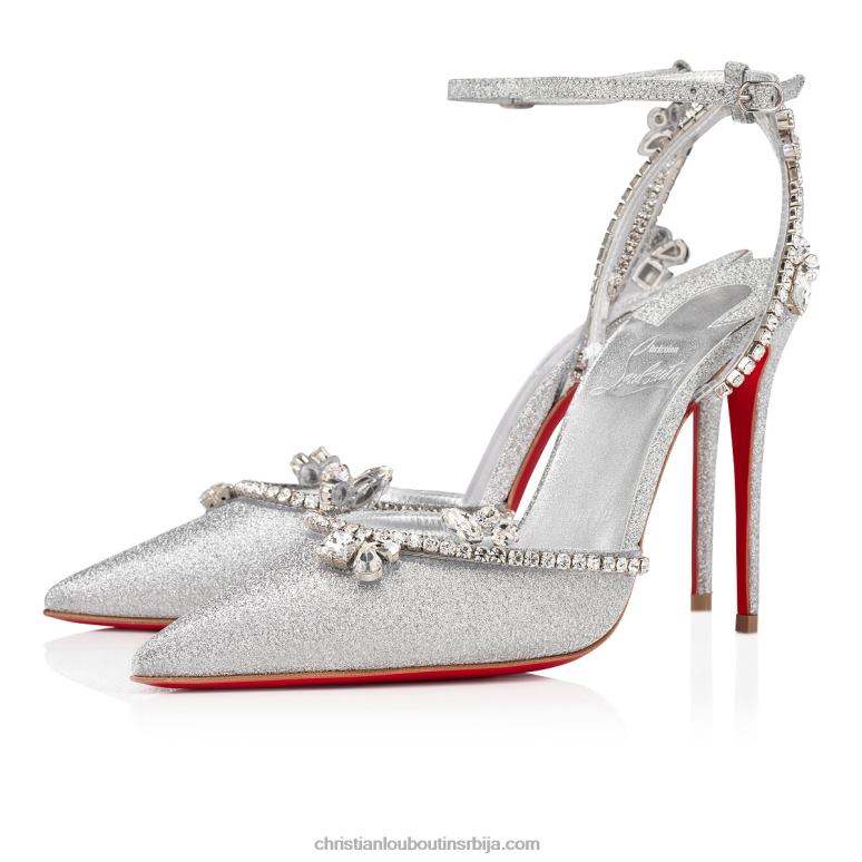 Christian Louboutin марикате куеен пумпе од 100 мм - светлуцава телећа кожа и пвц - сребрна V0H0P540 Жене